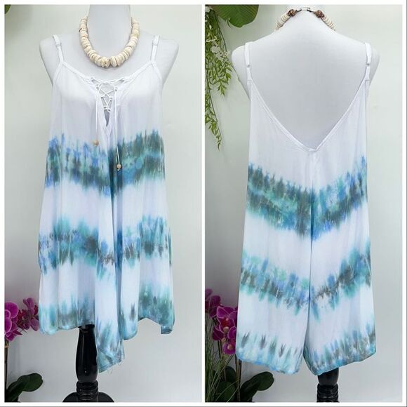 Kau wela Summer Mini Romper Beach Boho Romper Gypsy Overall Wide Leg  Blue/Green - Picture 1 of 16
